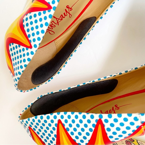 TAYLOR SAYS TALIA COMIC EXPLOSION blue white polka dot yellow red platform heels - Picture 10 of 14